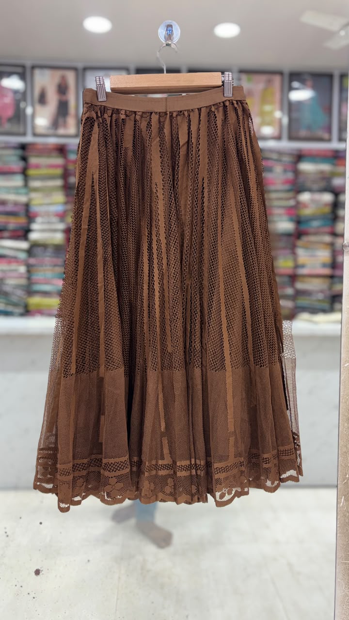 Women’s Coffee Brown Net Flared Skirt | Elegant Long Lace Skirt | Elastic Waist | 31 Inch Length