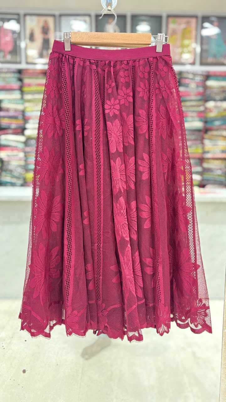 Women’s Maroon Floral Net Flared Skirt | Elegant Long Party Wear Skirt | Elastic Waist | 31 Inch Length