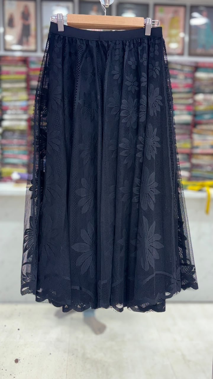Women’s Black Floral Net Flared Skirt | Elegant Long Party Wear Skirt | Elastic Waist | 31 Inch Length