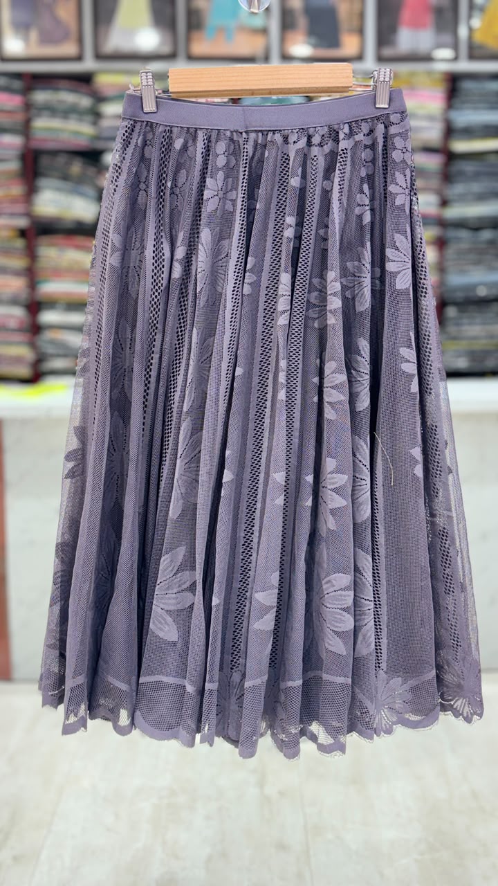 Women’s Grey Floral Net Flared Skirt | Elegant Long Party Wear Skirt | Elastic Waist | 31 Inch Length