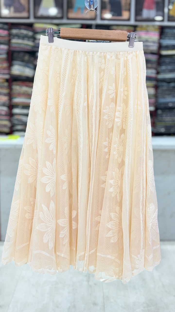 Women’s Cream Floral Net Flared Skirt | Elegant Long Party Wear Skirt | Elastic Waist | 31 Inch Length