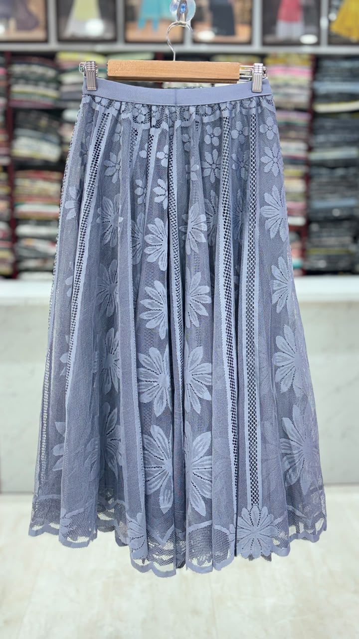 Women's Floral Lace Mesh Flared Skirt – Grey | Stretch Waist | 31 Inch Length