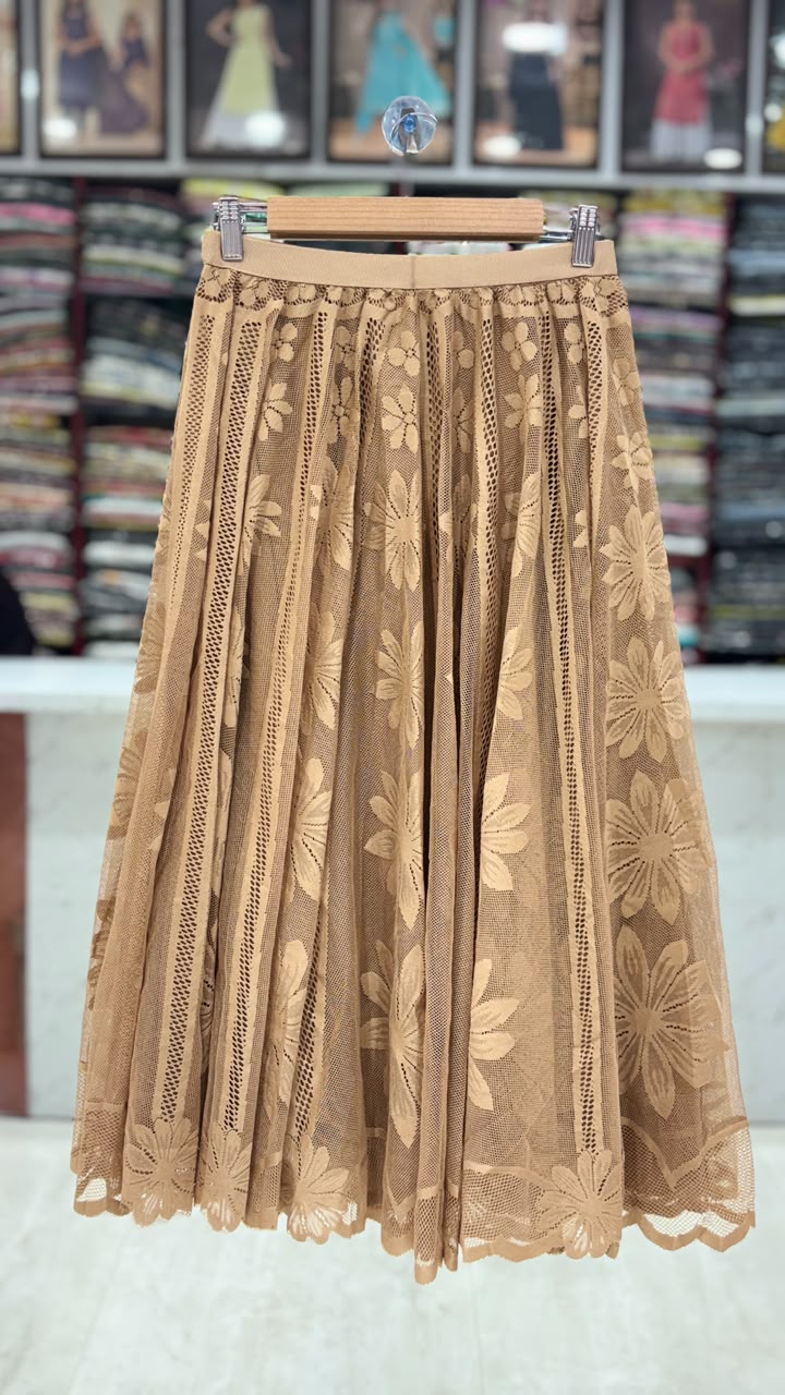 Women's Floral Lace Mesh Flared Skirt – Beige | Stretch Waist | 31 Inch Length