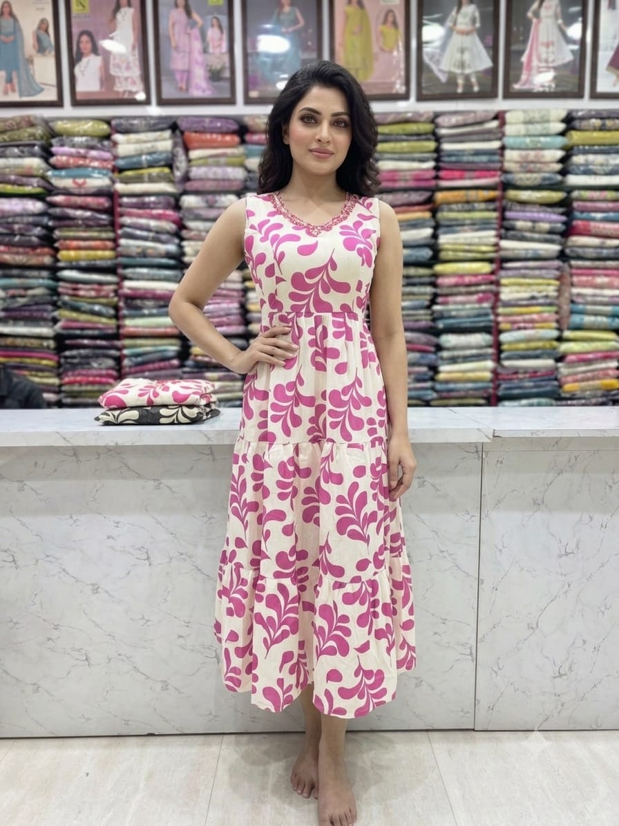 Women's Pink Floral Cotton Maxi Dress with Back Knot | 49" Long | 3/4 Sleeves Included | Summer Casual Dress