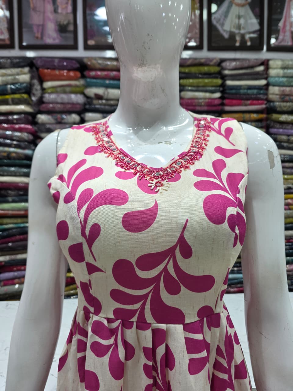 Women's Pink Floral Cotton Maxi Dress with Back Knot | 49" Long | 3/4 Sleeves Included | Summer Casual Dress