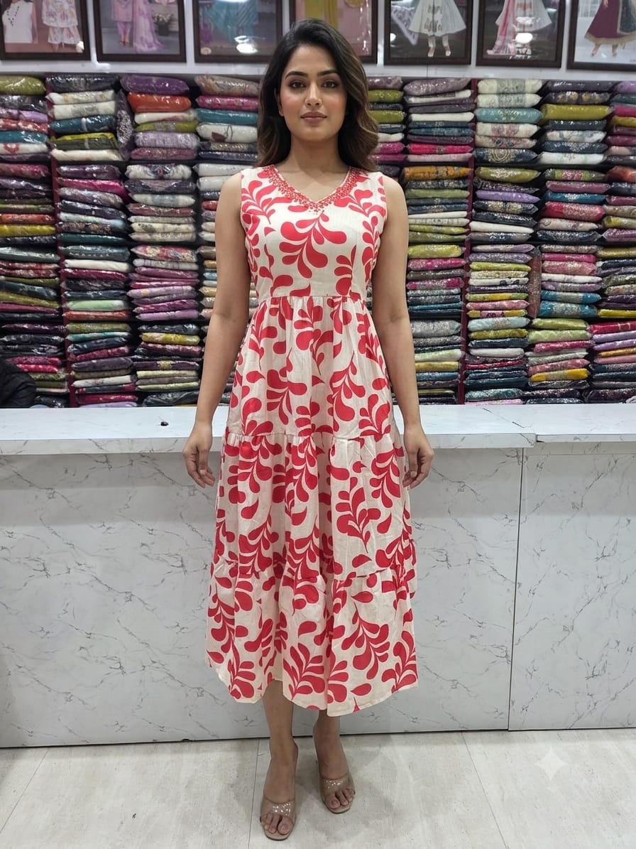 Women's Red Floral Cotton Maxi Dress with Back Knot | 49" Long | 3/4 Sleeves Included | Casual Summer Dress