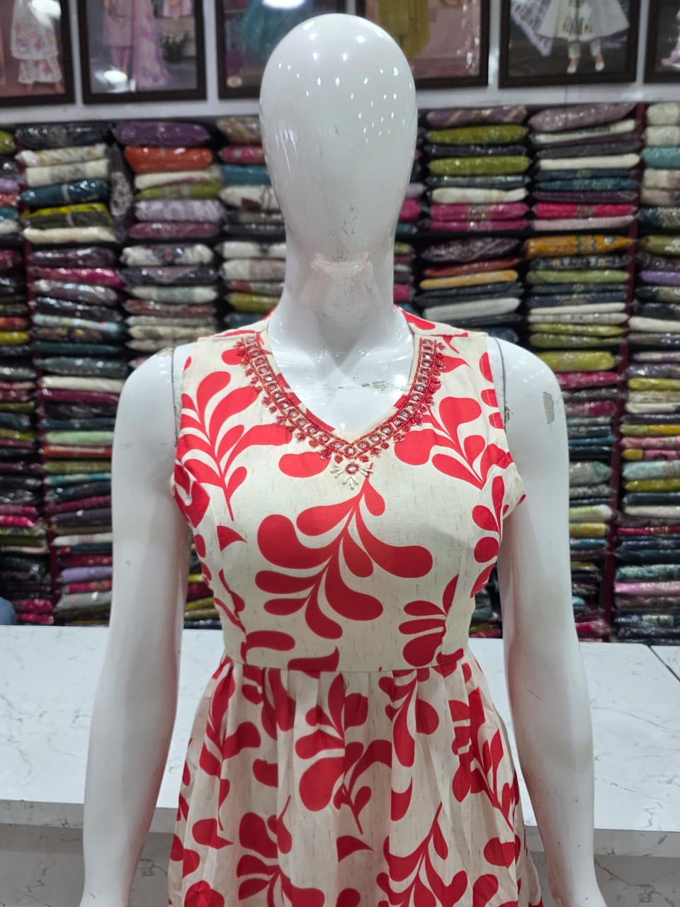 Women's Red Floral Cotton Maxi Dress with Back Knot | 49" Long | 3/4 Sleeves Included | Casual Summer Dress