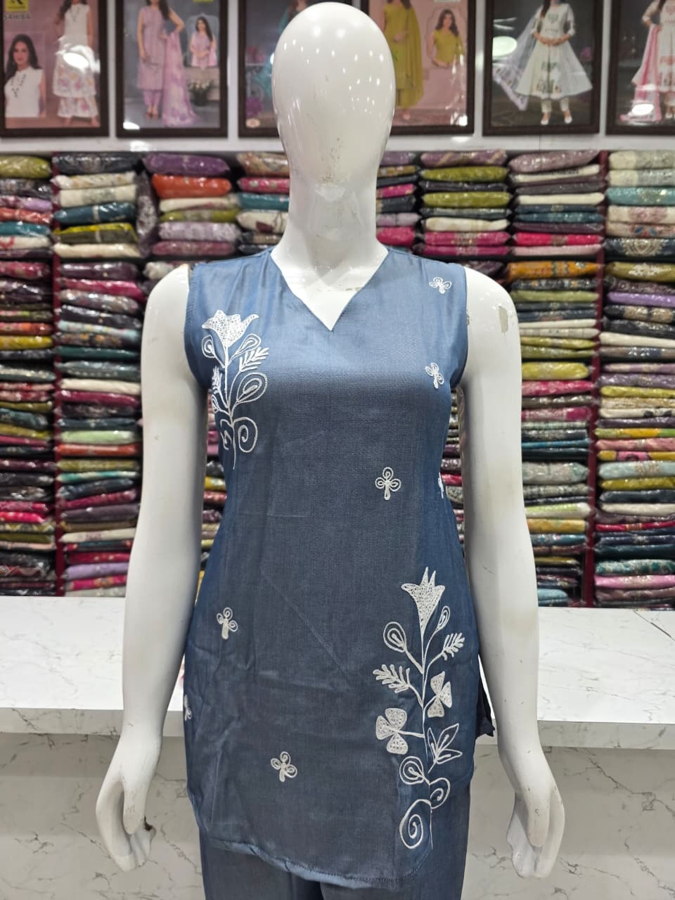 Women's Grey Embroidered Cord Set | Imported Soft Fabric | Sleeveless V-Neck Top with 3/4 Sleeves Inside | Straight Pant Co-Ord Set