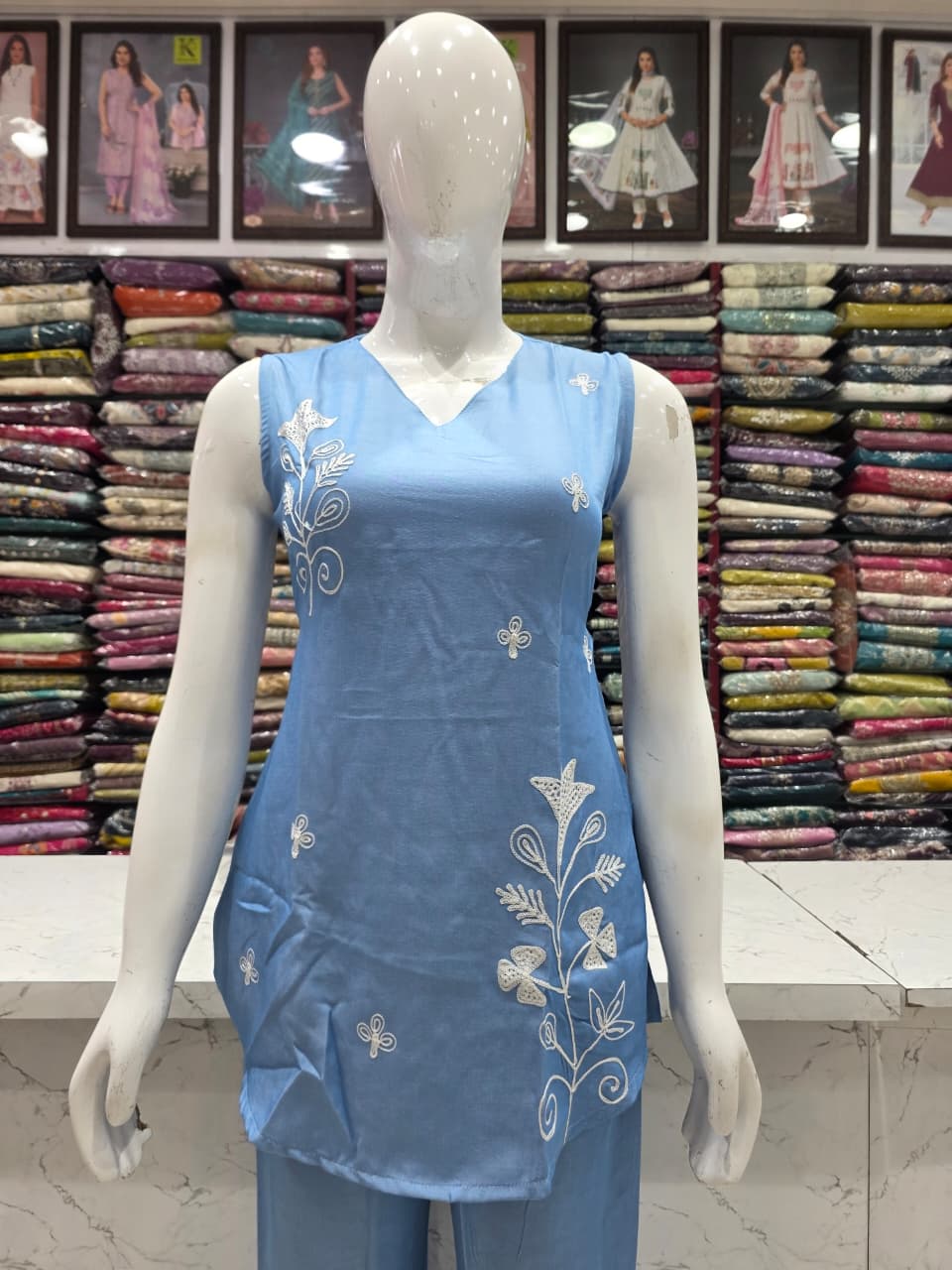 Women's Light Denim Blue Embroidered Cord Set | Imported Soft Fabric | Sleeveless V-Neck Top with 3/4 Sleeves Inside | Back Knot Design | Straight Pant Co-Ord Set