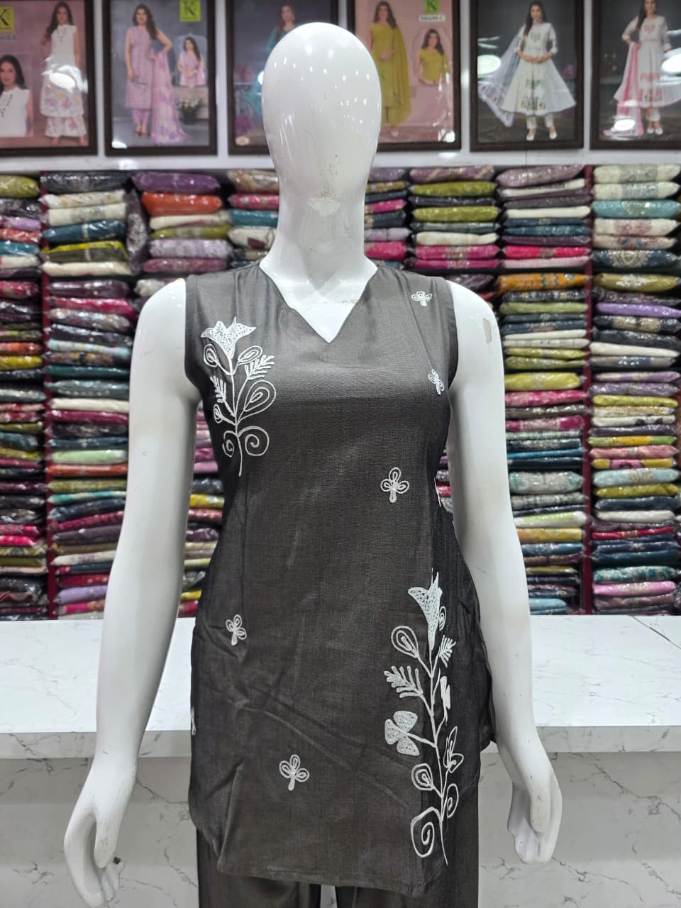 Women's Dark Grey Embroidered Cord Set | Imported Soft Fabric | Sleeveless V-Neck Top with 3/4 Sleeves Inside | Back Knot Design | Straight Pant Co-Ord Set