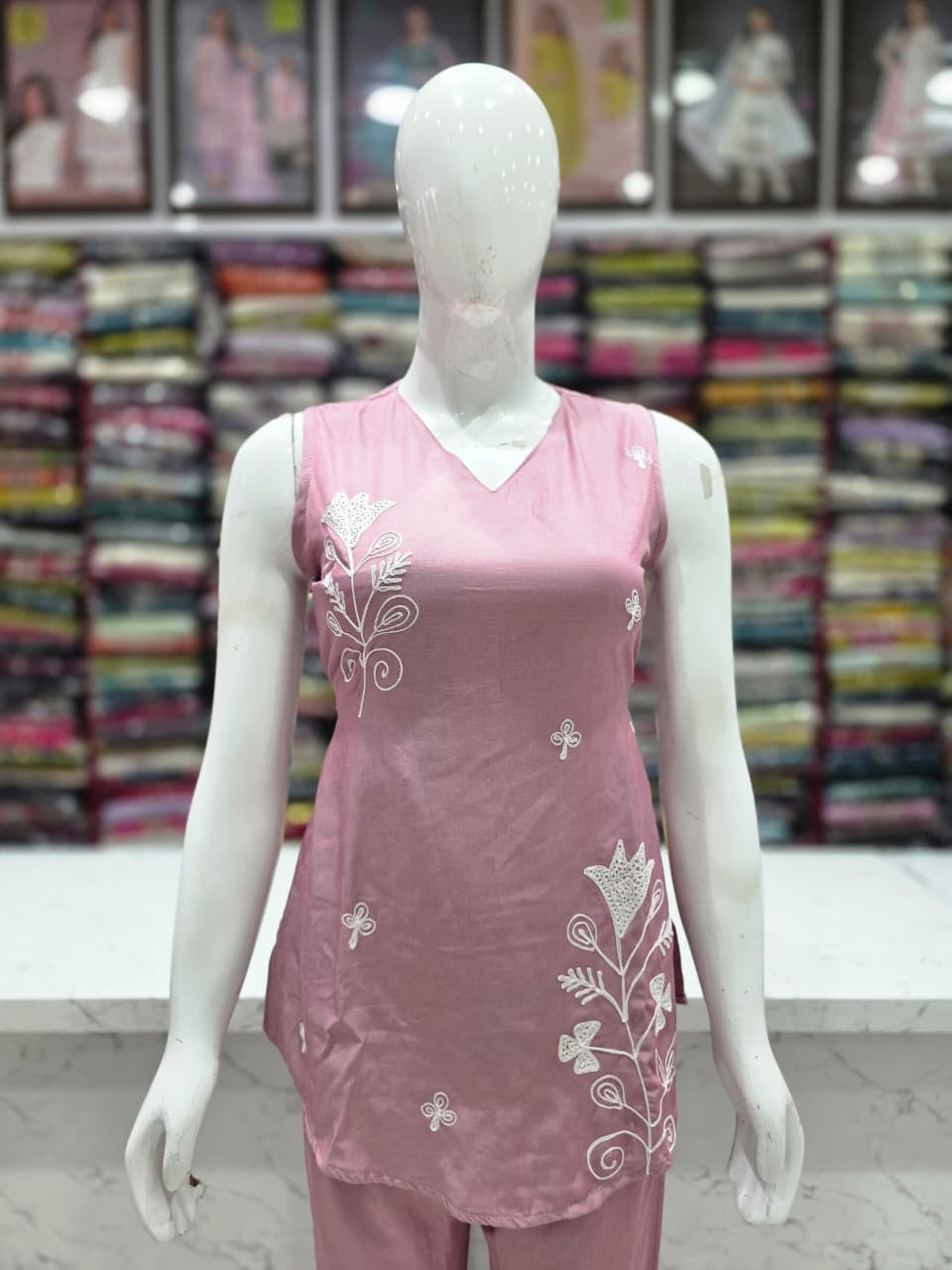 Women's Onion Pink Embroidered Cord Set | Imported Soft Fabric | Sleeveless V-Neck Top with 3/4 Sleeves Inside | Back Knot Design | Straight Pant Co-Ord Set