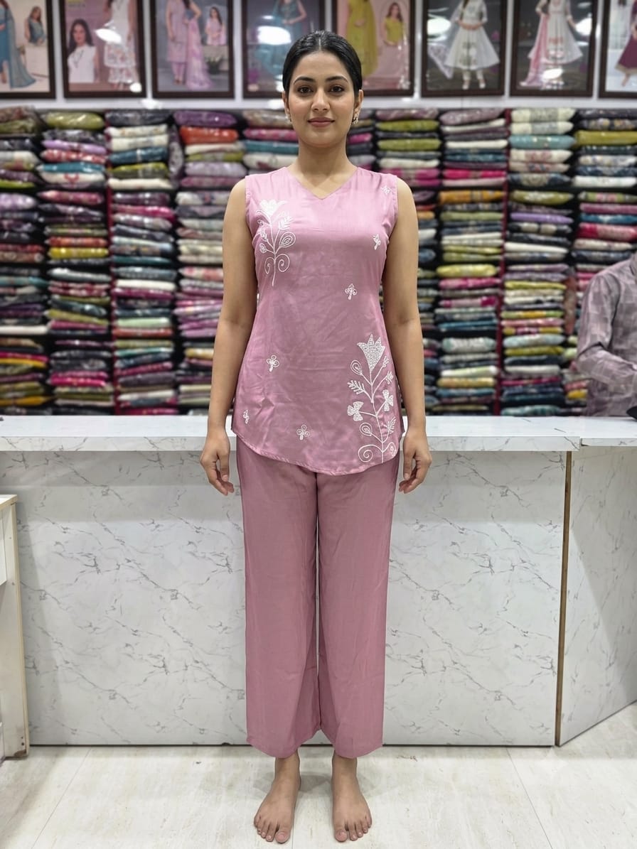 Women's Onion Pink Embroidered Cord Set | Imported Soft Fabric | Sleeveless V-Neck Top with 3/4 Sleeves Inside | Back Knot Design | Straight Pant Co-Ord Set