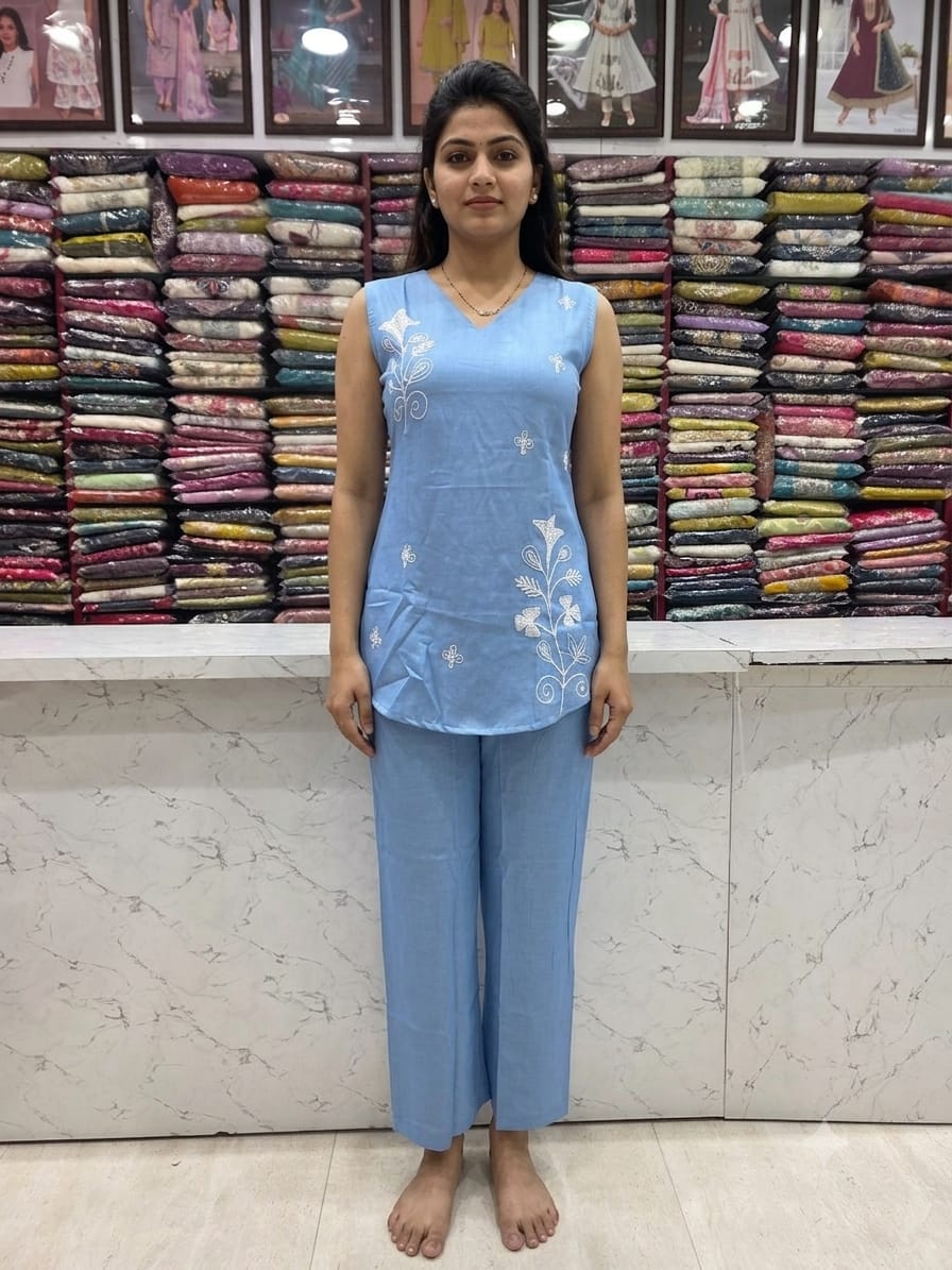 Women's Light Denim Blue Embroidered Cord Set | Imported Soft Fabric | Sleeveless V-Neck Top with 3/4 Sleeves Inside | Back Knot Design | Straight Pant Co-Ord Set