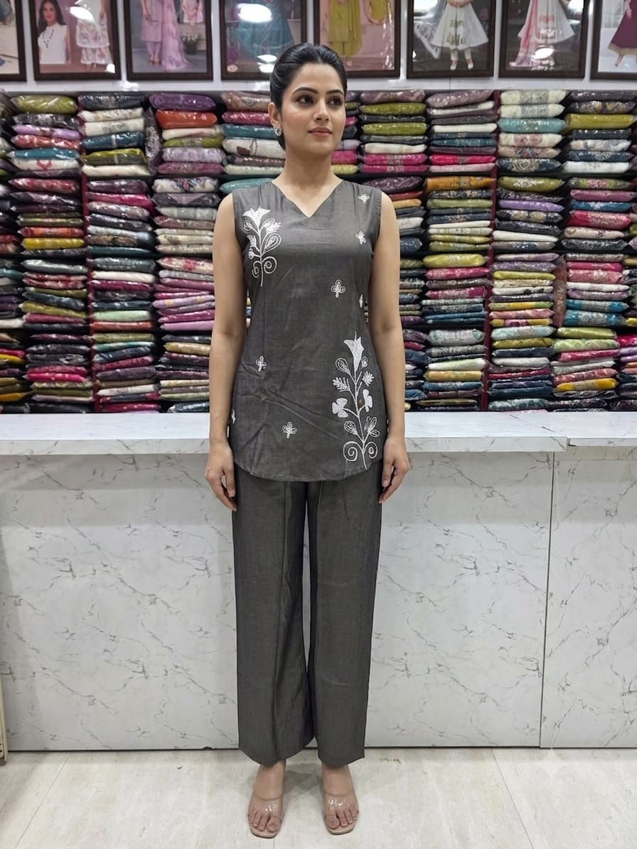 Women's Dark Grey Embroidered Cord Set | Imported Soft Fabric | Sleeveless V-Neck Top with 3/4 Sleeves Inside | Back Knot Design | Straight Pant Co-Ord Set
