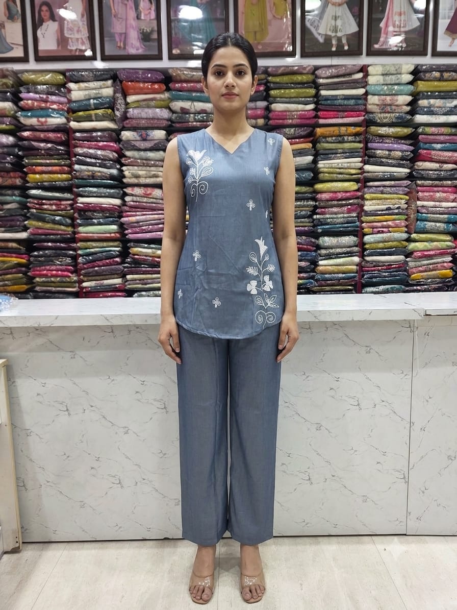 Women's Grey Embroidered Cord Set | Imported Soft Fabric | Sleeveless V-Neck Top with 3/4 Sleeves Inside | Straight Pant Co-Ord Set