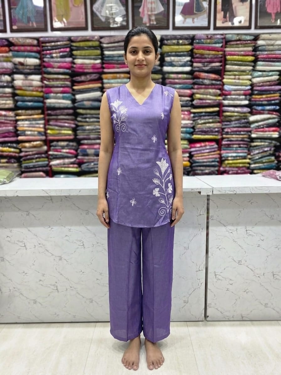 Women's Lavender Purple Embroidered Cord Set | Imported Soft Fabric | Sleeveless V-Neck Top with 3/4 Sleeves Inside | Back Knot Design | Straight Pant Co-Ord Set