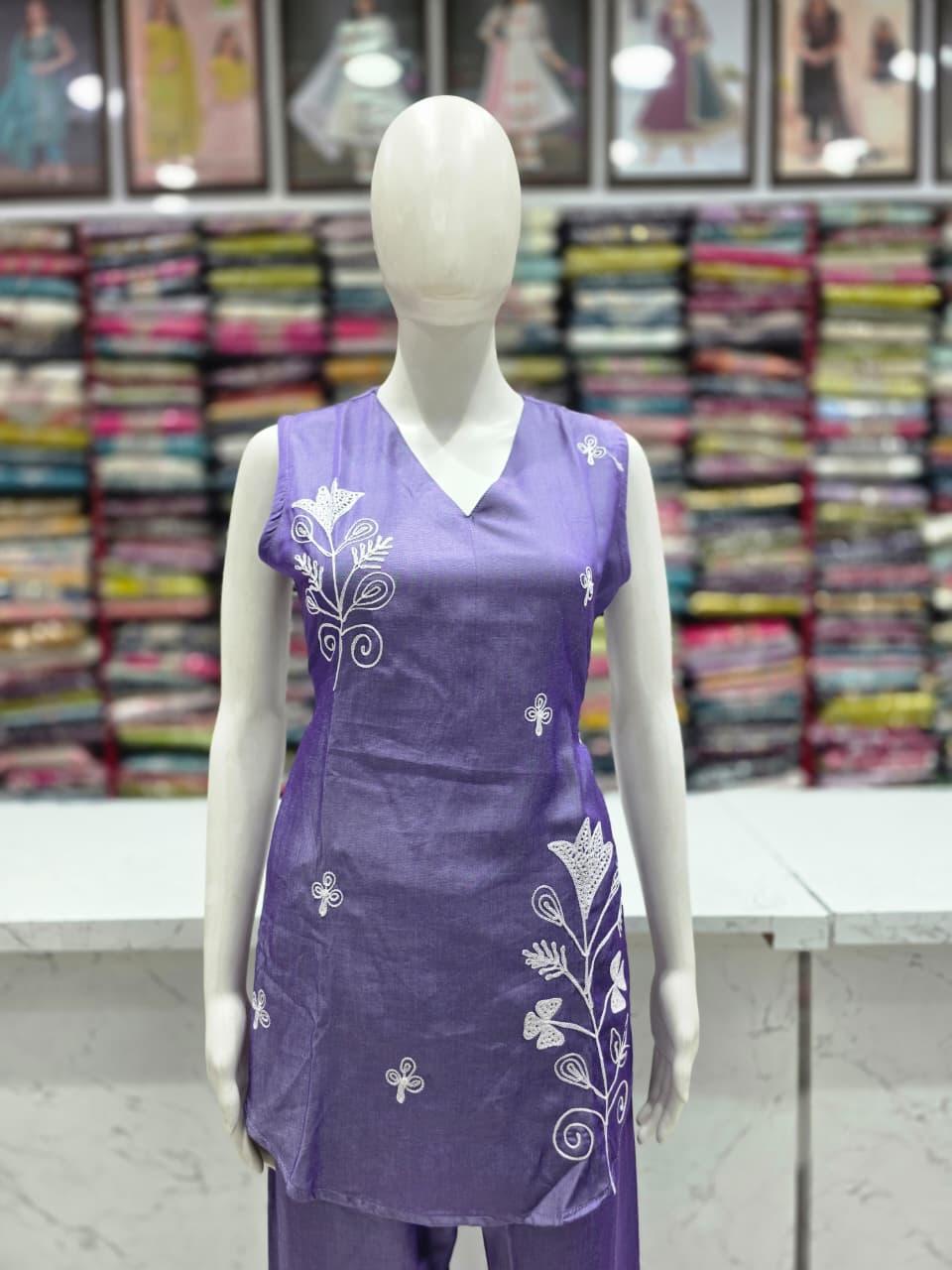 Women's Lavender Purple Embroidered Cord Set | Imported Soft Fabric | Sleeveless V-Neck Top with 3/4 Sleeves Inside | Back Knot Design | Straight Pant Co-Ord Set