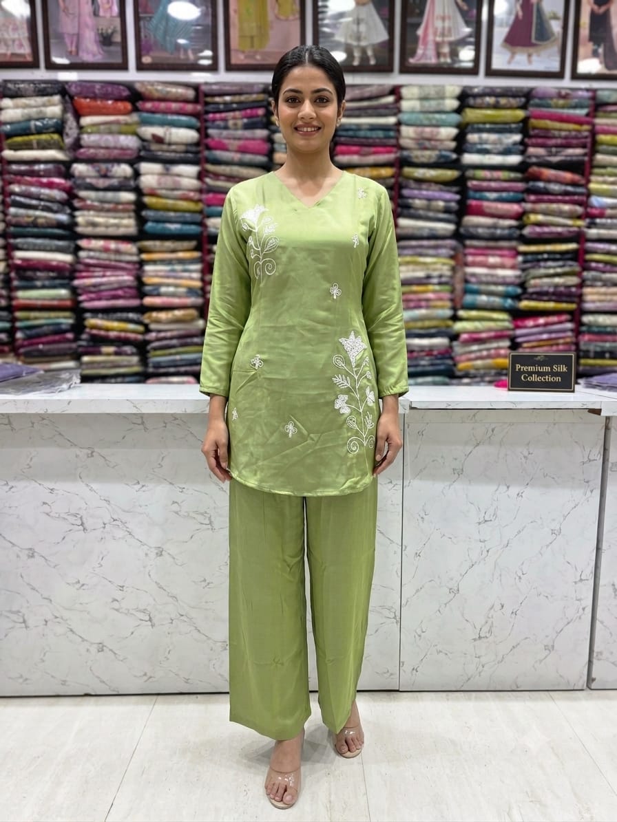 Women's Pistachio Green Embroidered Cord Set | Imported Soft Fabric | V-Neck Top with 3/4 Sleeves | Back Knot Design | Straight Pant Co-Ord Set