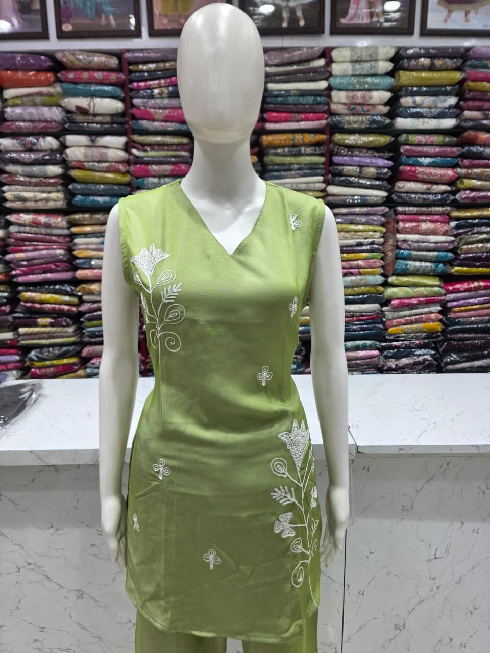 Women's Pistachio Green Embroidered Cord Set | Imported Soft Fabric | V-Neck Top with 3/4 Sleeves | Back Knot Design | Straight Pant Co-Ord Set