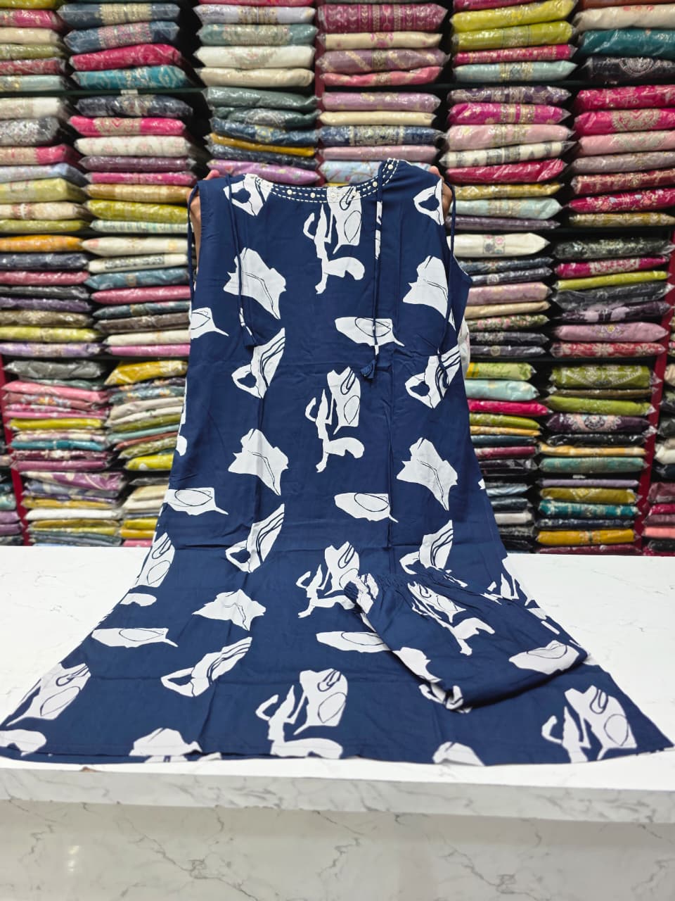 Women's Navy Blue Rayon Printed Co-Ord Set with Side Cut, 3/4 Sleeves & Pocket | Casual Matching Set