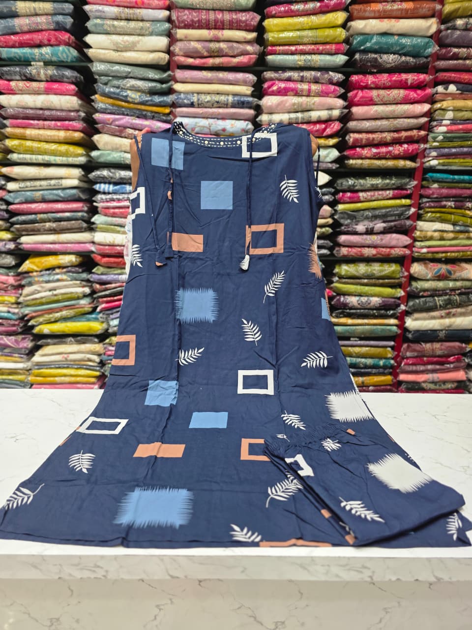 Women's Navy Blue Box Print Rayon Co-Ord Set | Side Cut Top with Pocket | 3/4 Sleeves Available Inside