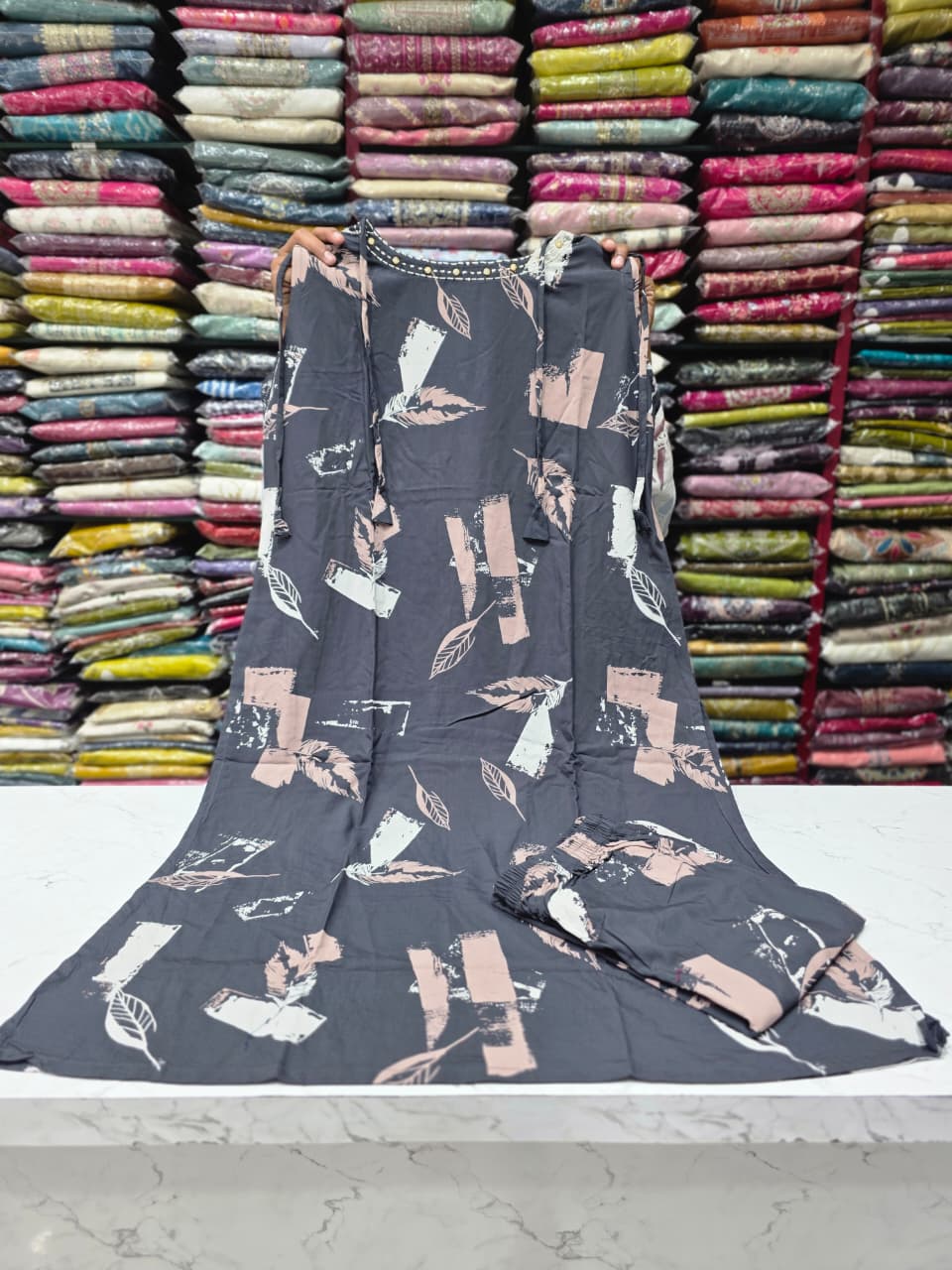 Women's Charcoal Grey Rayon Printed Co-Ord Set with Side Cut, 3/4 Sleeves & Pocket | Casual Matching Set