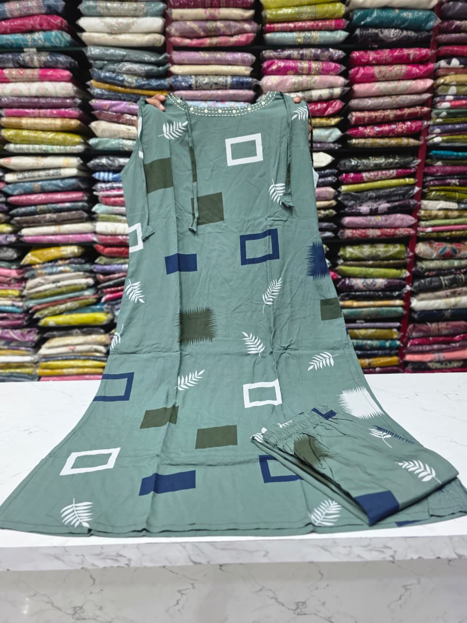 Women's Sage Green Rayon Printed Co-Ord Set with Side Cut, 3/4 Sleeves & Pocket | Casual Matching Set