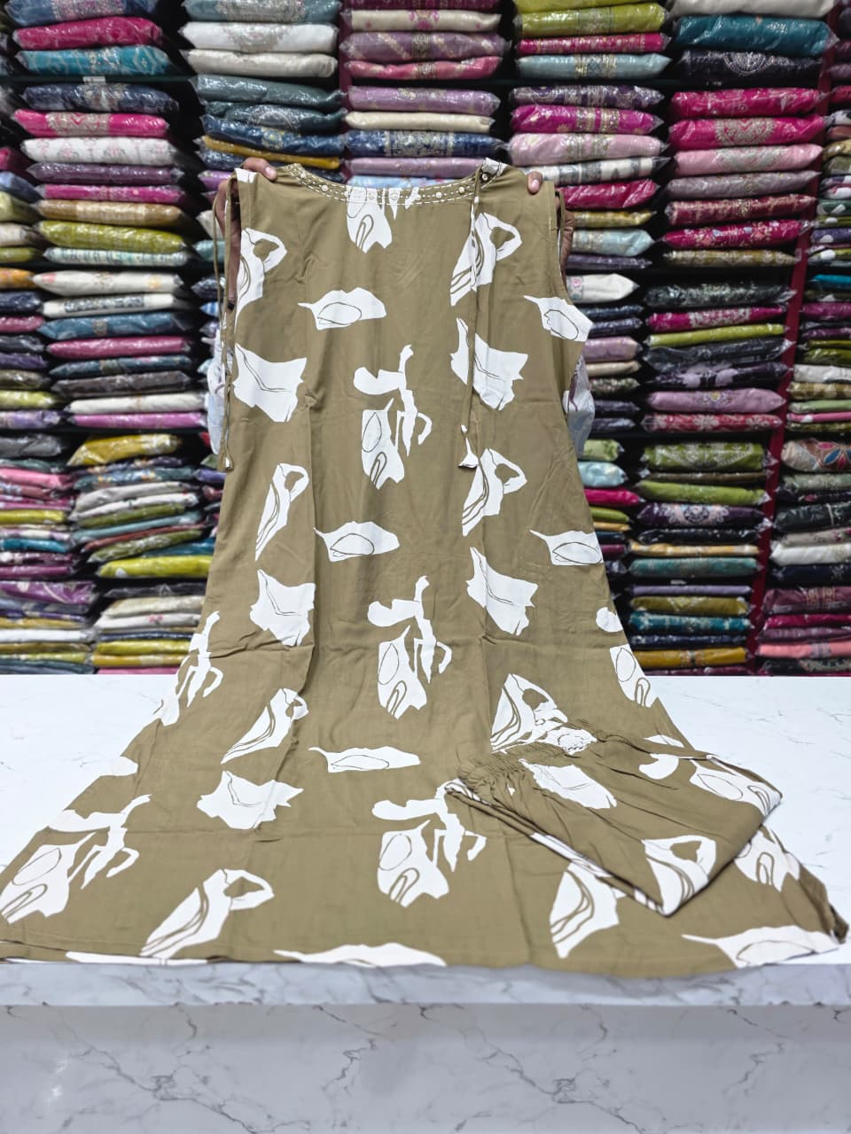 Women's Olive Green Rayon Printed Co-Ord Set with Side Cut, 3/4 Sleeves & Pocket | Casual Matching Set