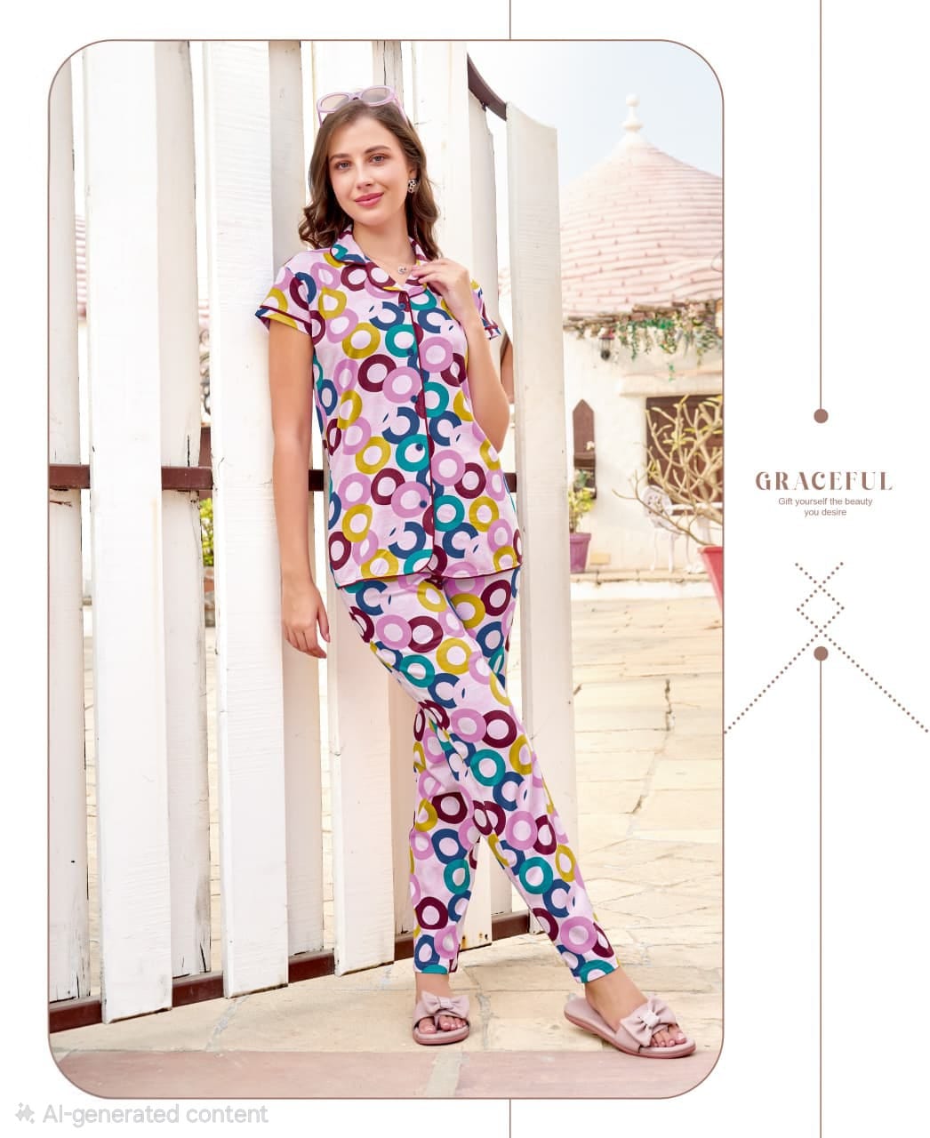 Women's Pink Multicolor Printed Hosiery Sinker Fabric Night Suit Set | Soft Button-Down Sleepwear | Top 29" | Bottom 40"