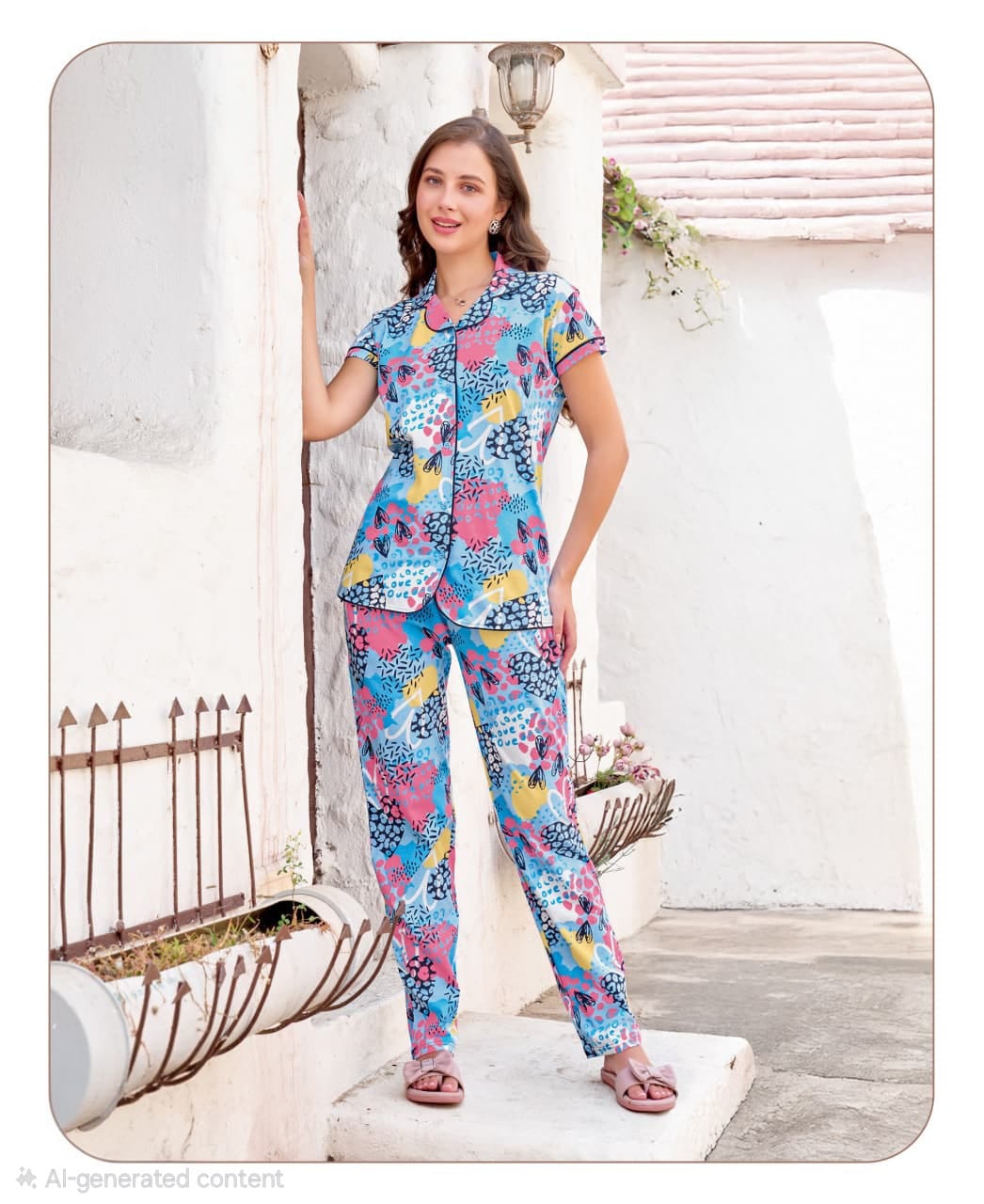 Women's Sky Blue Printed Hosiery Sinker Fabric Night Suit Set | Soft & Comfortable Button-Down Sleepwear | Top 29" | Bottom 40"