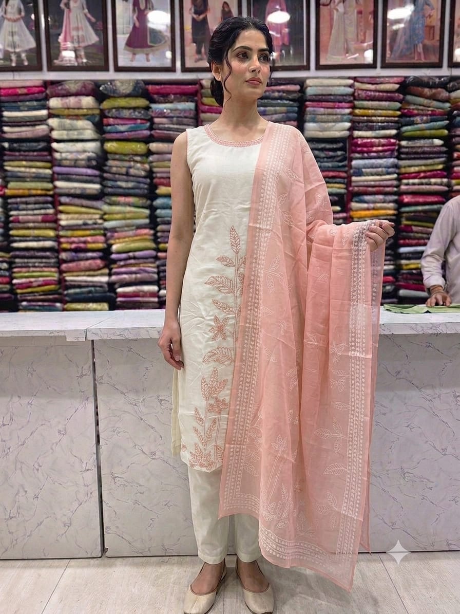 Premium Mul Chanderi Silk Embroidered Kurta Pant Dupatta Set for Women | Elegant Ethnic Wear | Pink & Off White | Premium Quality
