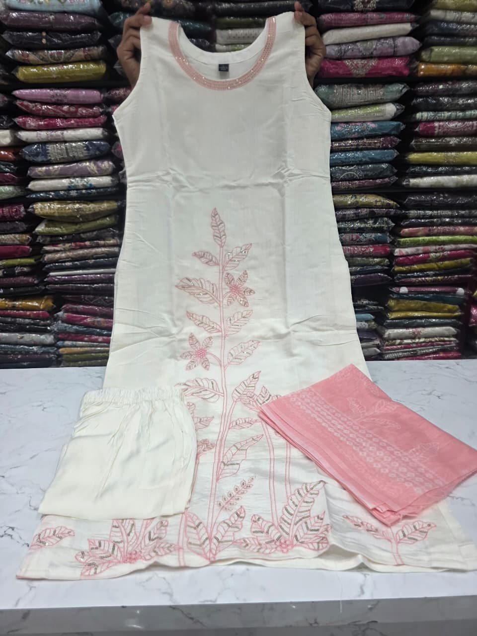 Premium Mul Chanderi Silk Embroidered Kurta Pant Dupatta Set for Women | Elegant Ethnic Wear | Pink & Off White | Premium Quality