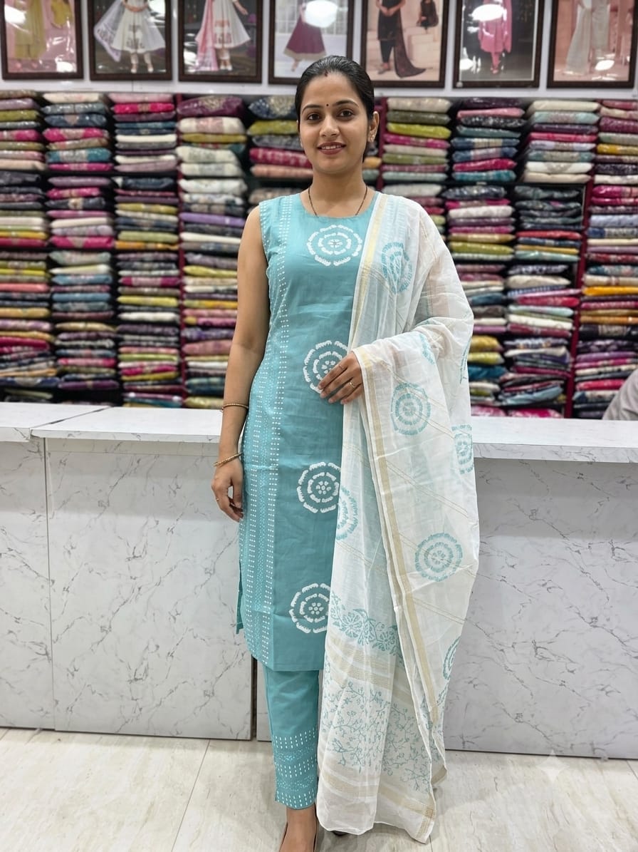 Sky Blue Vetican Fabric Printed Kurta Pant with White Printed Dupatta | Women's Ethnic 3-Piece Suit Set