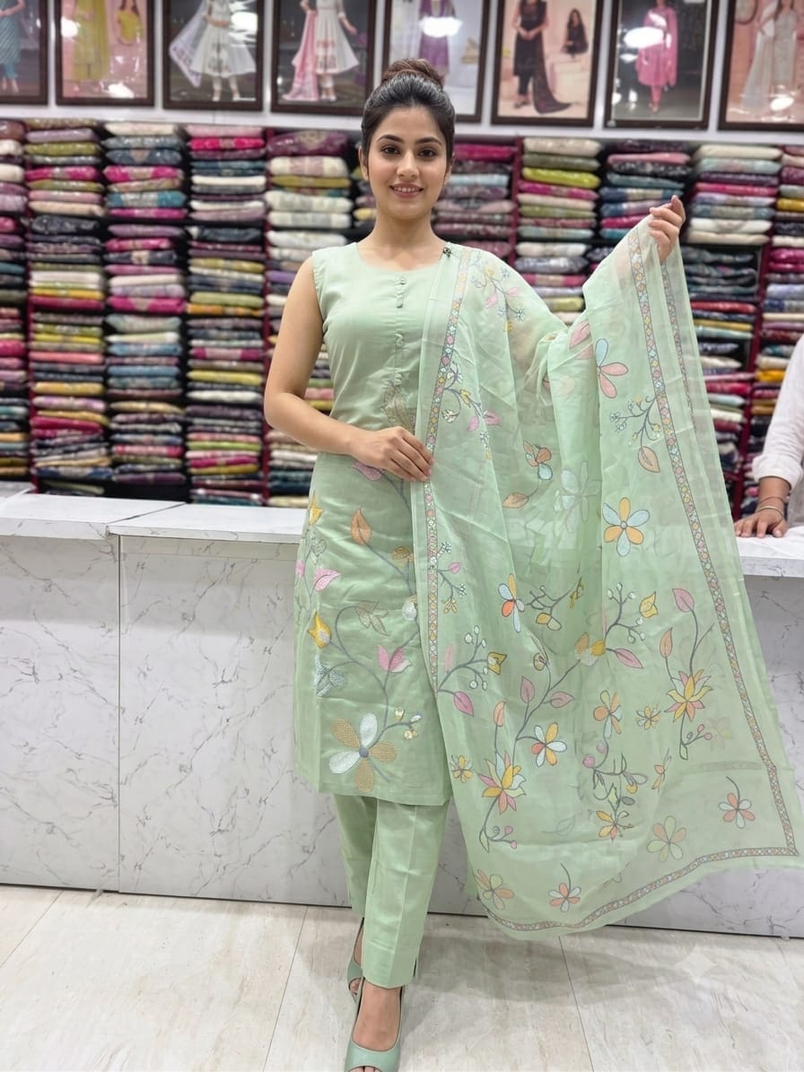 Pista Green Floral Embroidered Kurta Pant with Printed Dupatta | Women's 3-Piece Ethnic Suit Set