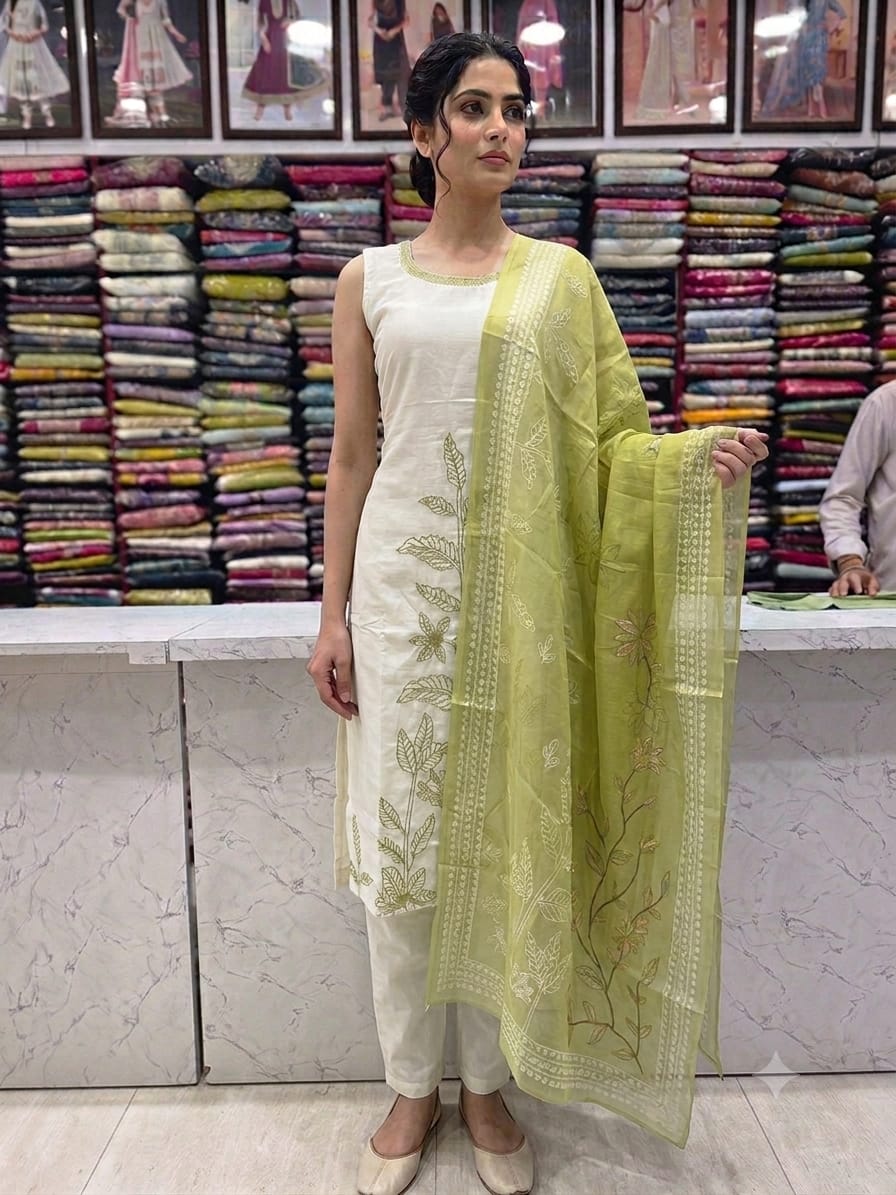 Premium Mul Chanderi Silk Embroidered Kurta Pant Dupatta Set for Women | Olive Green & Off White | Festive Ethnic Wear | Premium Quality