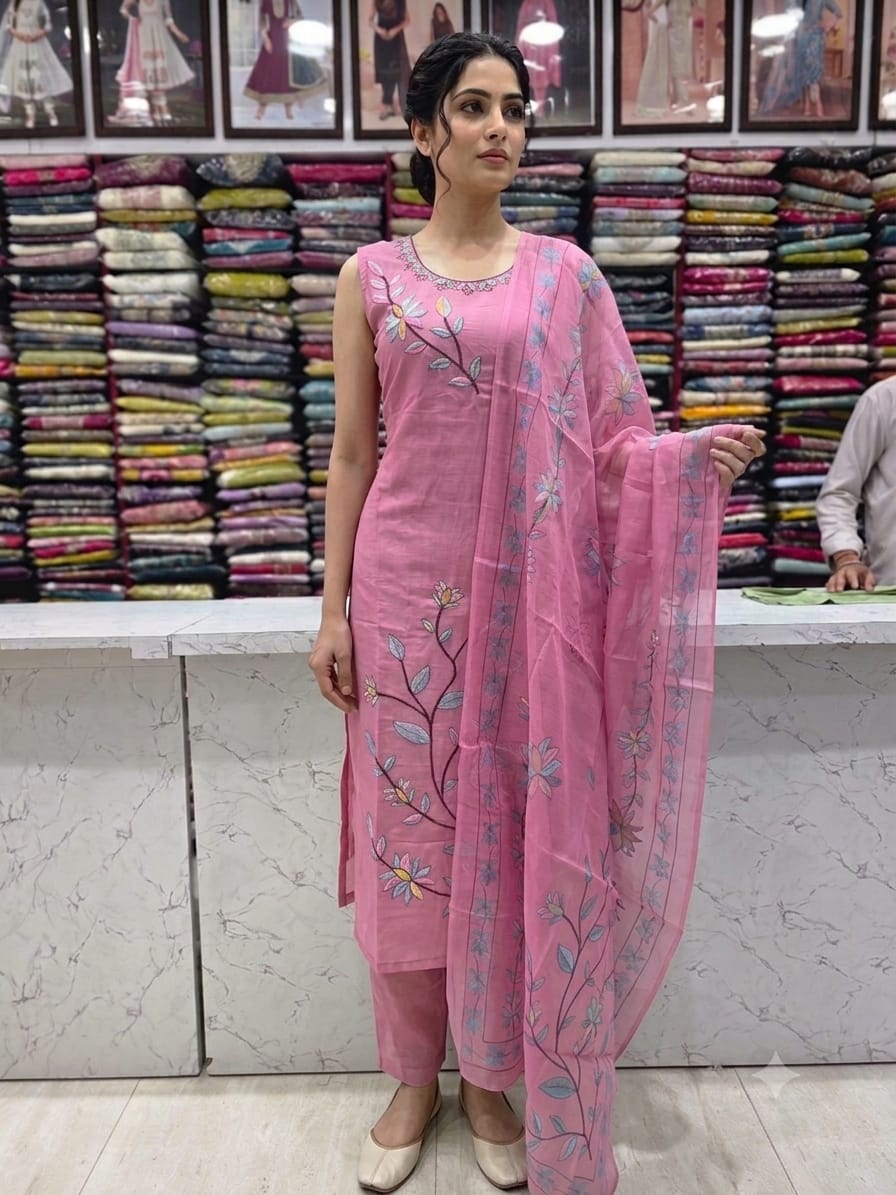 Pink Embroidered Kurta Pant with Printed Dupatta | Women's Elegant 3-Piece Suit Set