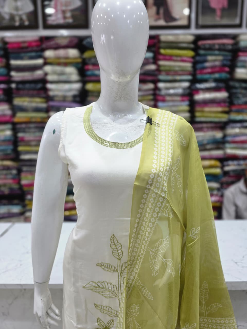 Premium Mul Chanderi Silk Embroidered Kurta Pant Dupatta Set for Women | Olive Green & Off White | Festive Ethnic Wear | Premium Quality