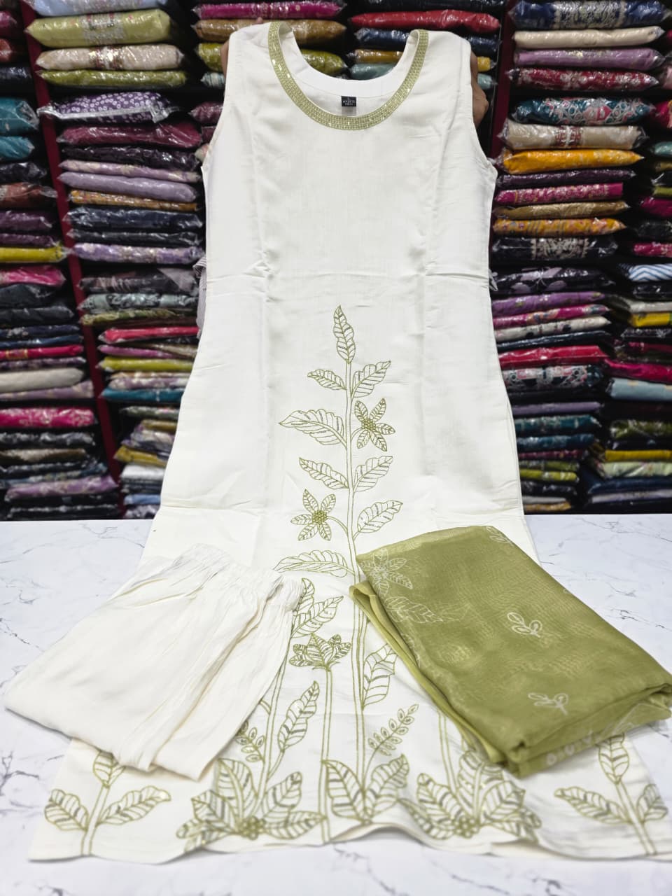Premium Mul Chanderi Silk Embroidered Kurta Pant Dupatta Set for Women | Olive Green & Off White | Festive Ethnic Wear | Premium Quality