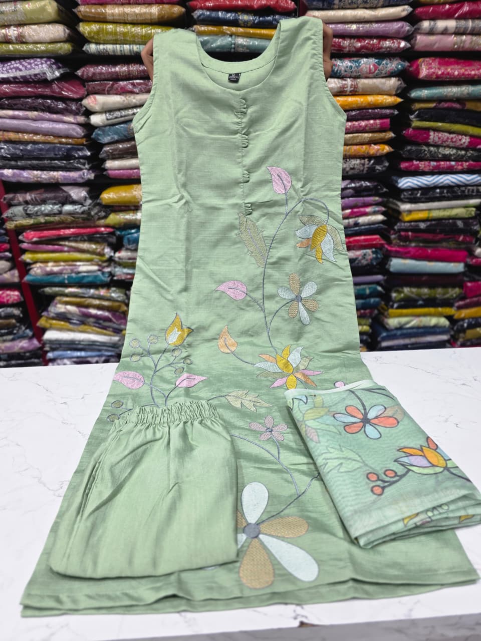 Pista Green Floral Embroidered Kurta Pant with Printed Dupatta | Women's 3-Piece Ethnic Suit Set