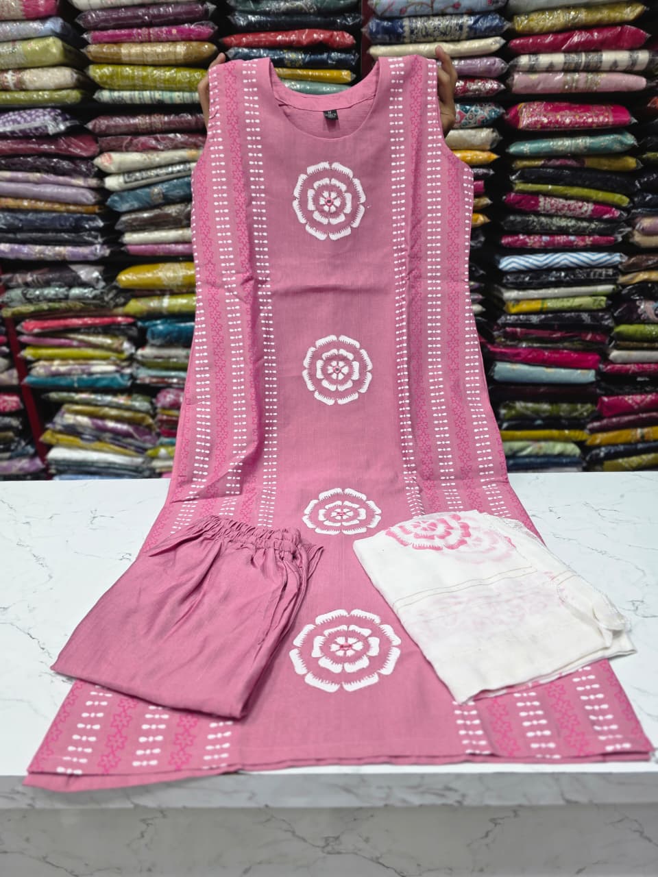 Baby Pink Vetican Fabric Printed Kurta Pant with White Printed Dupatta | Women's Ethnic 3-Piece Suit Set