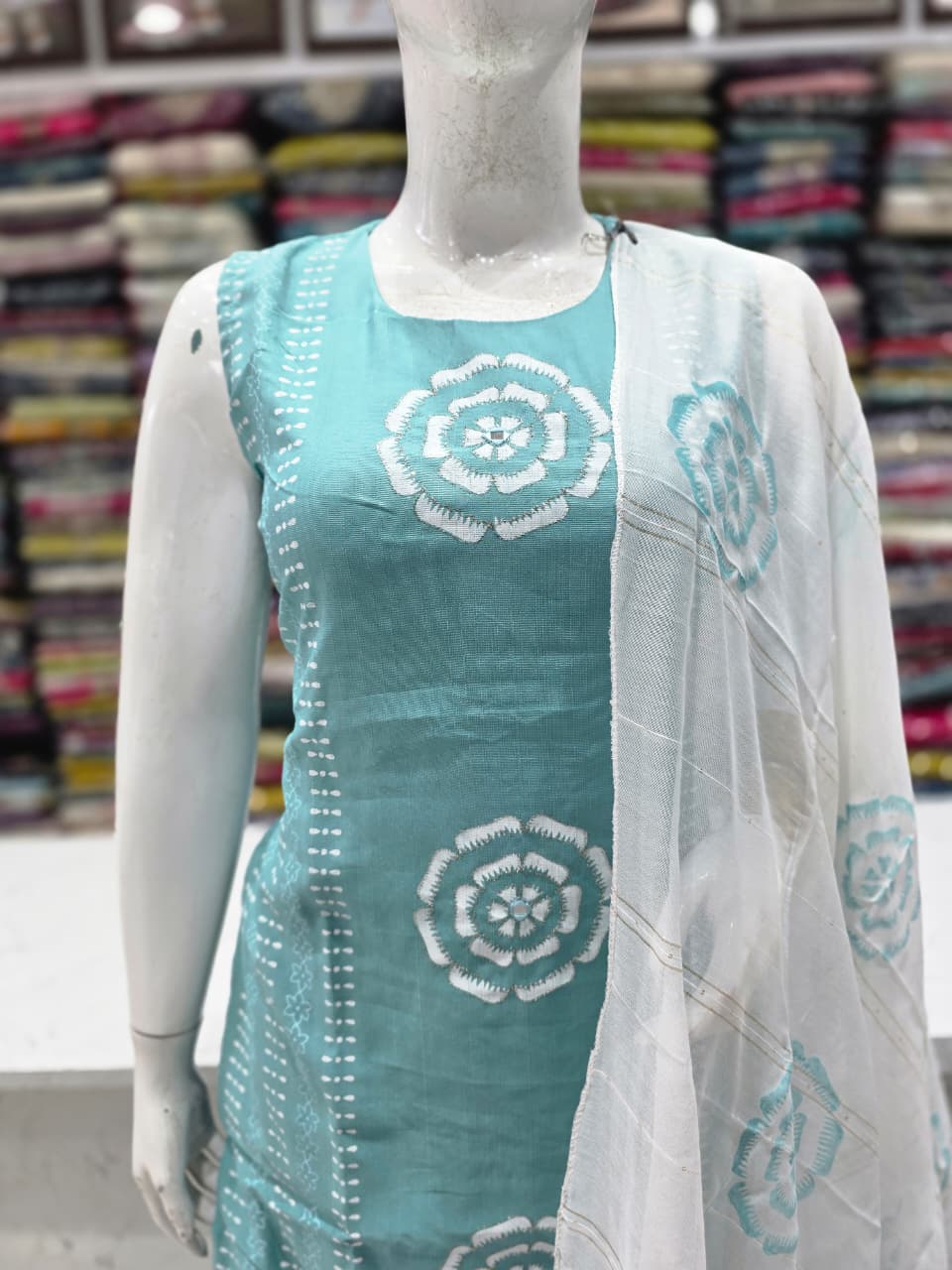 Sky Blue Vetican Fabric Printed Kurta Pant with White Printed Dupatta | Women's Ethnic 3-Piece Suit Set