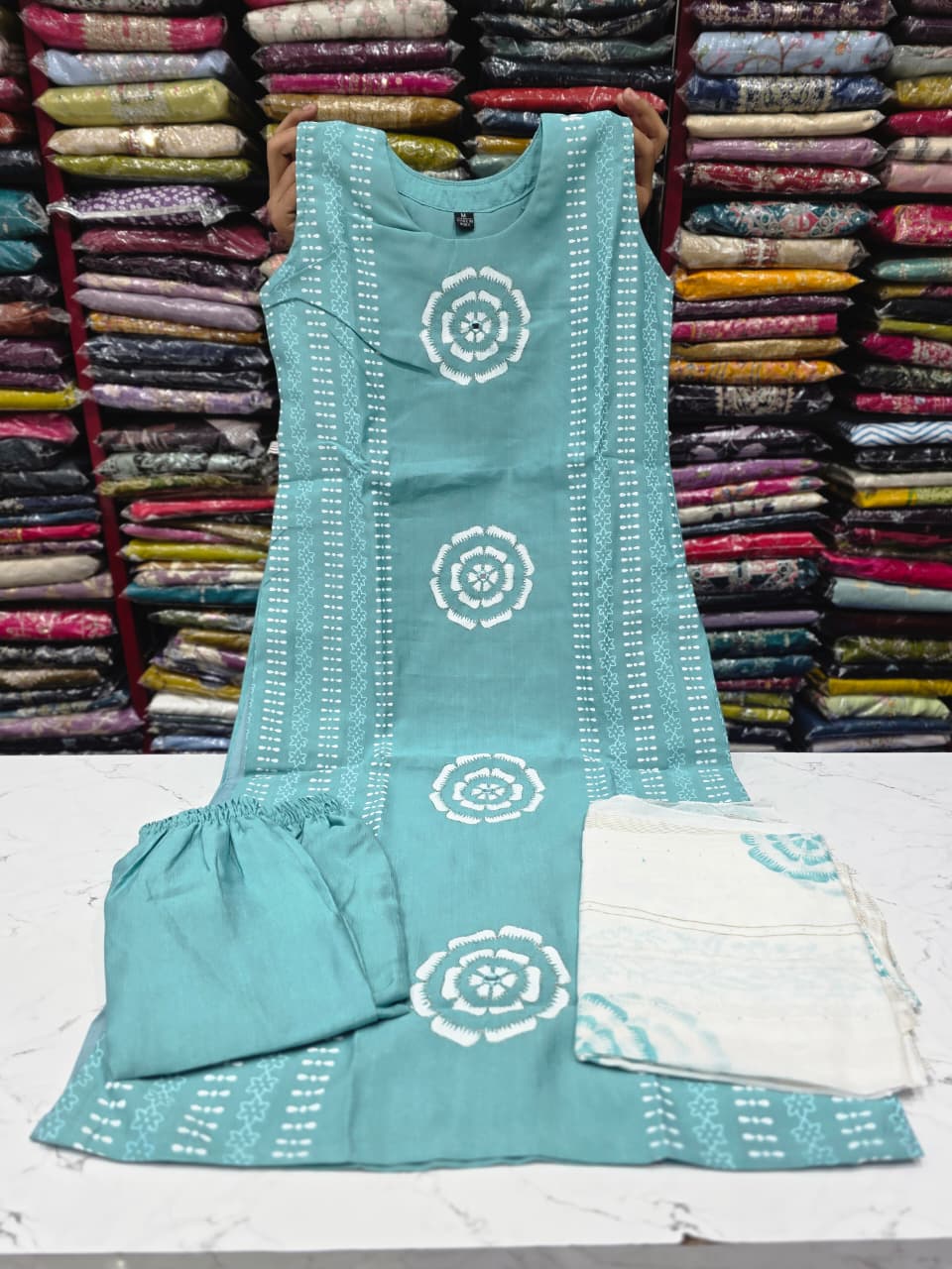 Sky Blue Vetican Fabric Printed Kurta Pant with White Printed Dupatta | Women's Ethnic 3-Piece Suit Set