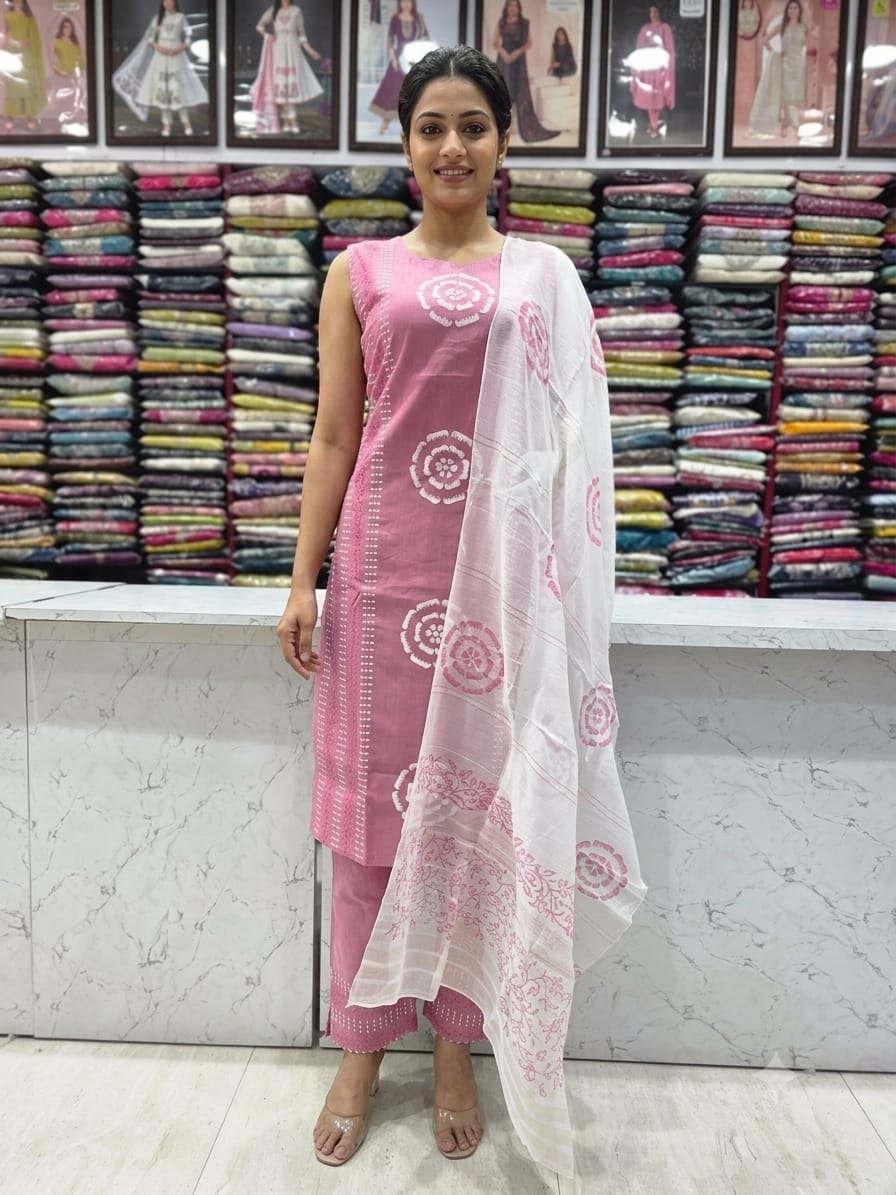 Baby Pink Vetican Fabric Printed Kurta Pant with White Printed Dupatta | Women's Ethnic 3-Piece Suit Set