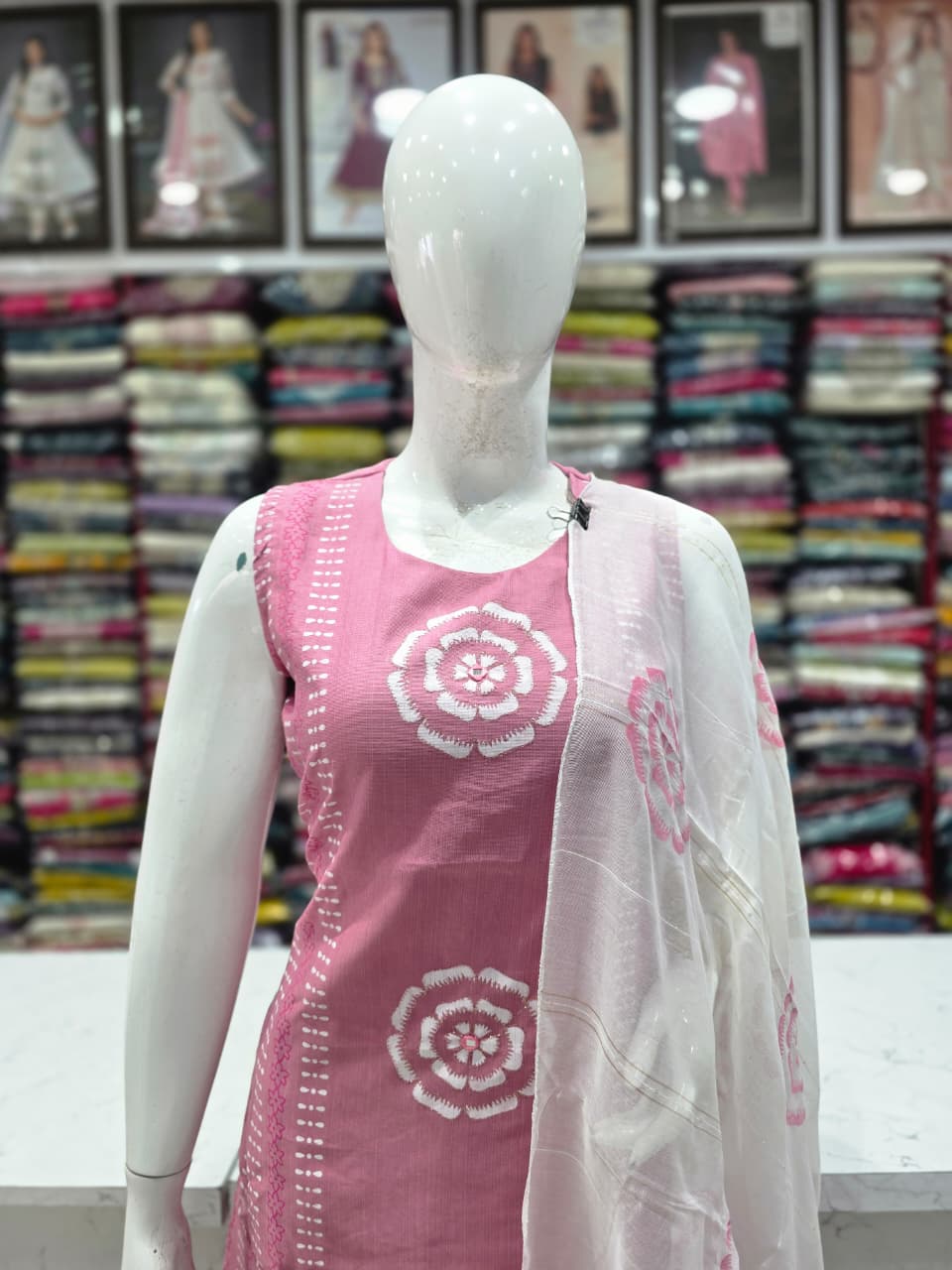 Baby Pink Vetican Fabric Printed Kurta Pant with White Printed Dupatta | Women's Ethnic 3-Piece Suit Set