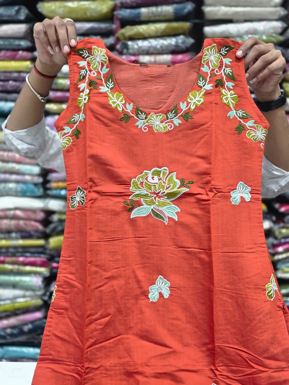 Rust Orange Embroidered Mul Chanderi Silk Suit Set with Floral Printed Dupatta   KPS002 Orange