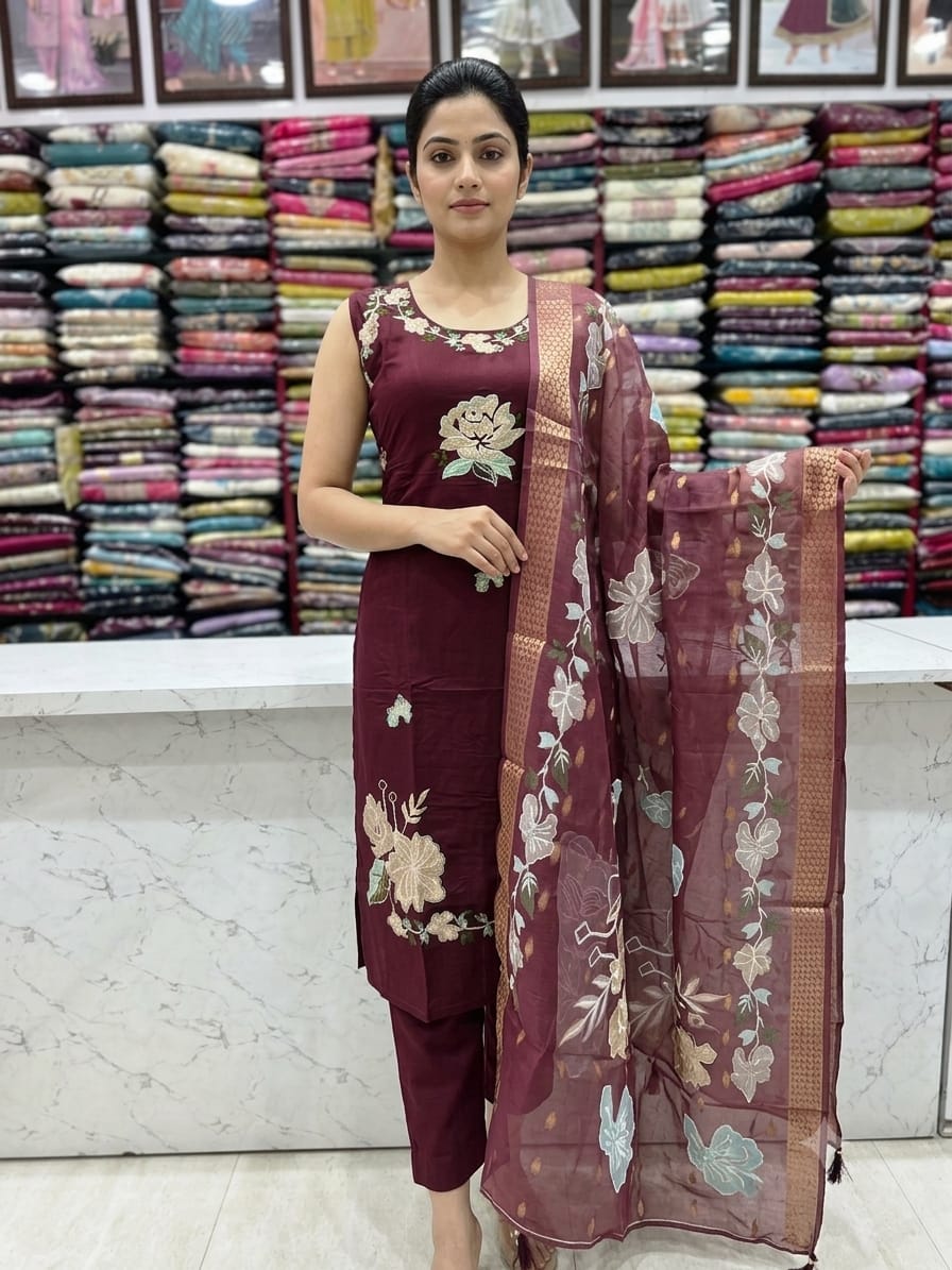 Wine Maroon Embroidered Mul Chanderi Silk Suit Set with Printed Dupatta  KPS002