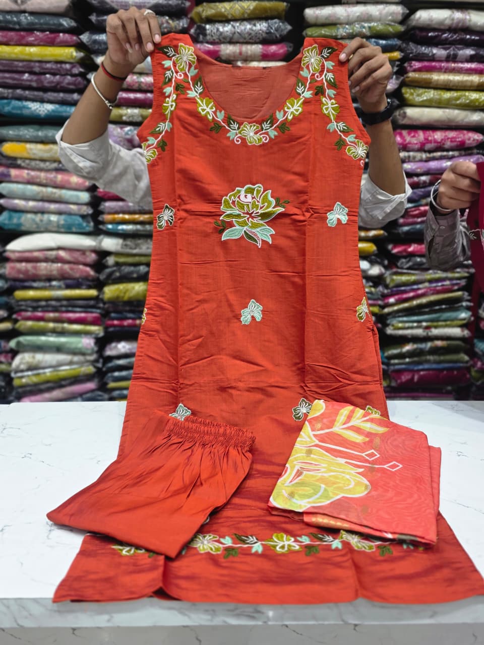 Rust Orange Embroidered Mul Chanderi Silk Suit Set with Floral Printed Dupatta   KPS002 Orange