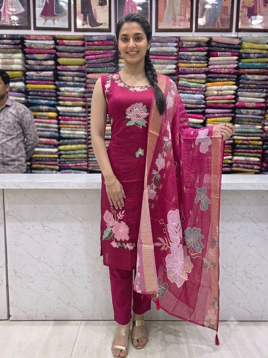 Rani Pink Embroidered Mul Chanderi Silk Suit Set with Floral Dupatta  KPS002 Rani Pink