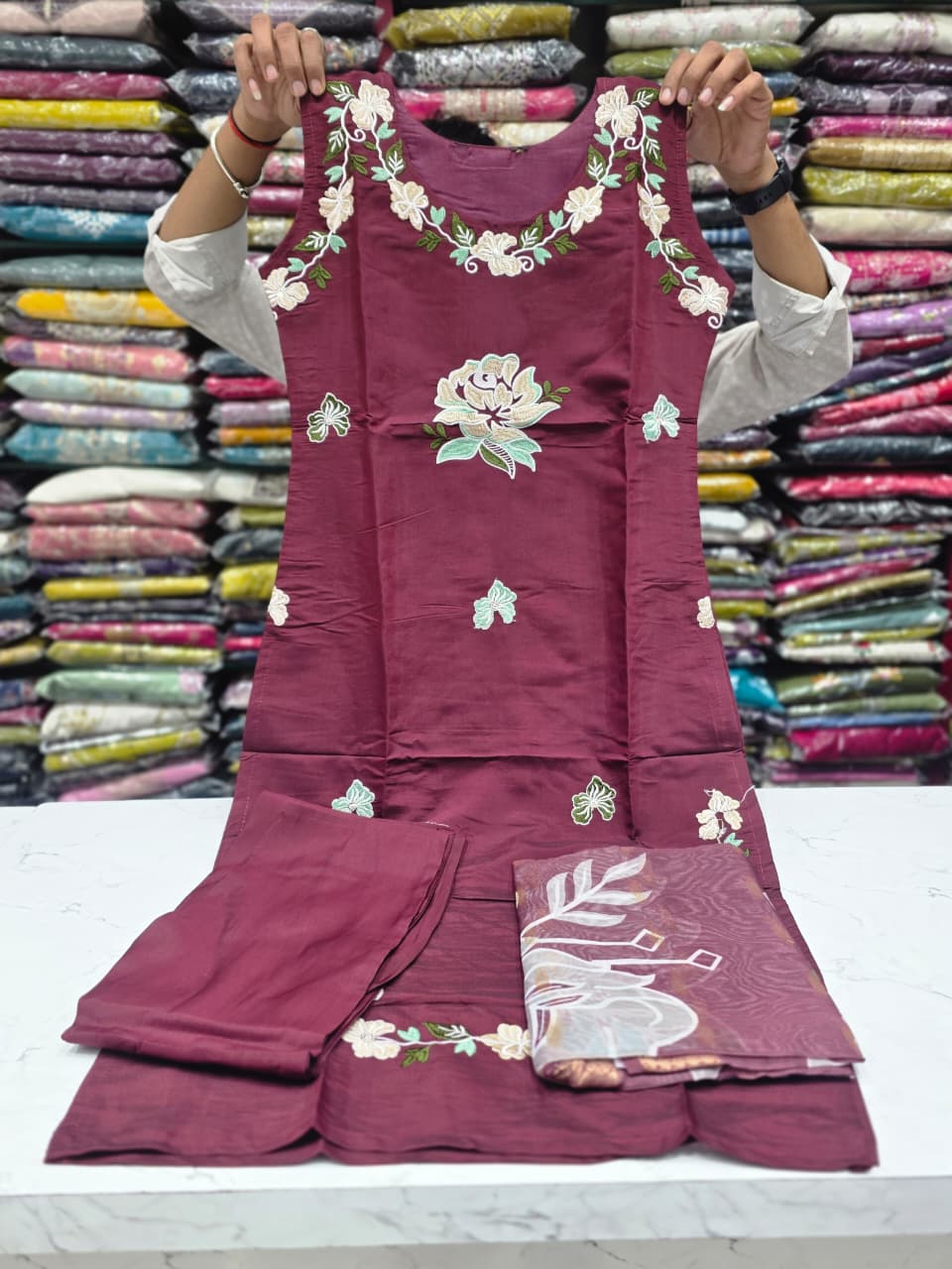 Wine Maroon Embroidered Mul Chanderi Silk Suit Set with Printed Dupatta  KPS002