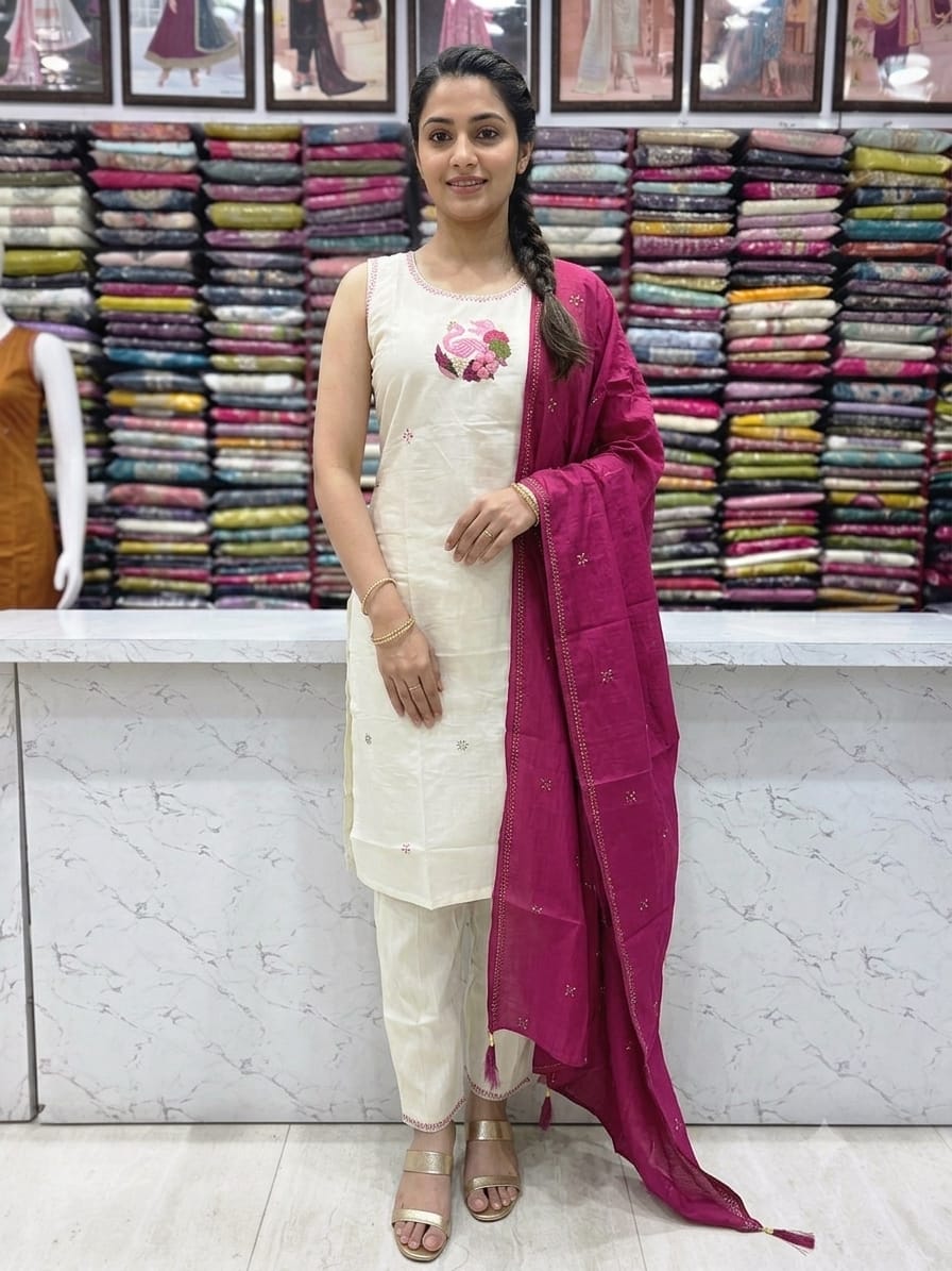 Premium Mul Chanderi Silk Embroidered Kurta Pant Set with Dupatta – Pure White & Magenta   KPS001 White
